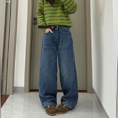 批发实拍~~韩版高腰阔腿牛仔裤女2025冬季加绒加厚休闲弯刀长裤
