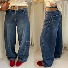 批发<b class='q'>欧洲站</b>2025冬季<b class='q'>新款</b>加厚绒侧压线拼接慵懒弯刀裤配腰带牛仔长裤女