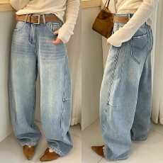 批发<b class='q'>欧洲站</b>2025冬季<b class='q'>新款</b>加厚加绒水洗浅蓝色侧压线牛仔裤配腰带长裤女