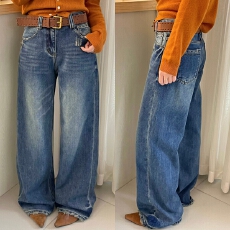 批发<b class='q'>欧洲站</b>2025冬季高腰咖色腰带直筒水洗加厚加绒<b class='q'>牛仔裤</b>韩系百搭长裤