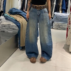 韩系裤脚设计感高腰阔腿牛仔裤女秋冬宽松小众直筒拖地长裤子9918