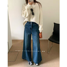 批发高腰双扣筒喇牛仔裤女2026<b class='q'>冬</b>季加绒弹力时尚小个子可乐裤
