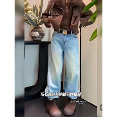 批发<b class='q'>欧洲站</b>2025冬季新款 复古高街设计感加绒<b class='q'>牛仔裤</b>撞色边高腰阔腿裤