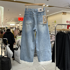 批发<b class='q'>欧洲站</b>冬季新款复古羊羔毛卷边<b class='q'>牛仔裤</b>女高腰直筒九分小个子休闲裤