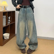 实拍~~加绒加厚弯刀裤女扎做旧扎染慵懒风百搭休闲阔腿牛仔拖地裤