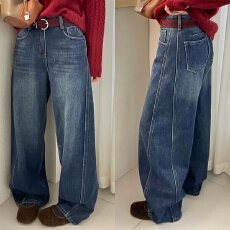 批发<b class='q'>欧洲站</b>2025冬季时尚复古红色腰带直筒侧压线加厚绒保暖牛仔长裤女