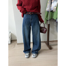 批发<b class='q'>欧洲站</b>2025冬季韩版时尚高腰配腰带水洗深蓝加厚一体绒牛仔长裤潮