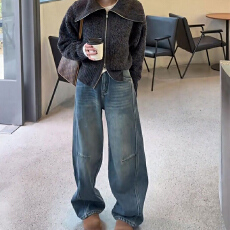 批发韩风chic一整套休闲拉链毛衣外套<b class='q'>牛仔</b>裤秋冬新款慵懒风炸街两件套