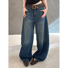 批发<b class='q'>欧洲站</b>2025冬季高腰配腰带做旧水洗加厚一体绒后褶皱百搭<b class='q'>牛仔裤</b>潮