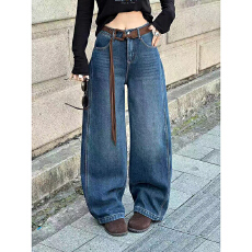 批发<b class='q'>欧洲站</b><b class='q'>牛仔裤</b>女2025冬新款流苏腰带弯刀阔腿高腰宽松加绒保暖长裤