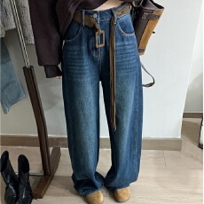 批发配腰带加绒阔腿<b class='q'>牛仔裤</b>女<b class='q'>欧洲站</b>2025冬装新款欧货女装拖地直筒裤潮