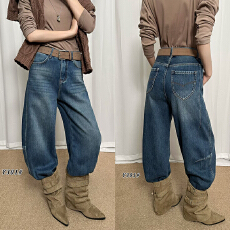 批发加厚绒牛仔裤<b class='q'>女</b>2025冬季慵懒风弯刀裤深蓝色宽松休闲直筒显瘦