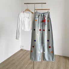 批发韩式街头风立体花朵刺绣<b class='q'>牛仔裤</b>女2025秋冬季高腰百搭显瘦直筒长裤