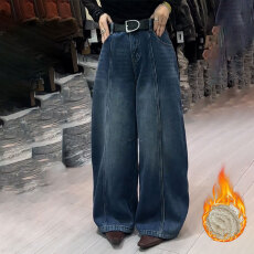 批发<b class='q'>韩版</b>显气质款加绒弯刀<b class='q'>牛仔裤</b><b class='q'>女</b>冬季2025年新款大码胖mm宽松阔腿<b class='q'>裤</b>