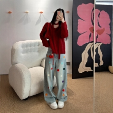 批发加绒加厚阔腿<b class='q'>牛仔裤</b>女冬季刺<b class='q'>绣花</b>朵高腰宽松显瘦百搭直筒拖地裤子