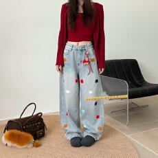 批发加绒加厚阔腿<b class='q'>牛仔裤</b>女冬季刺绣立体花朵高腰宽松休闲直筒拖地裤