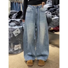 批发美式复古抽绳设计感<b class='q'>镶钻</b><b class='q'>牛仔裤</b>女2025冬季加绒宽松显瘦阔腿拖地裤