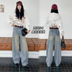 批发2025冬款99505-8<b class='q'>韩版</b>高腰复古加厚复合绒阔腿弯刀裤<b class='q'>女</b>显瘦<b class='q'>牛仔裤</b>