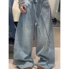 批发大码胖MM韩系复古<b class='q'>镶钻</b>细闪<b class='q'>牛仔裤</b>女秋冬设计感宽松显瘦阔腿拖地裤