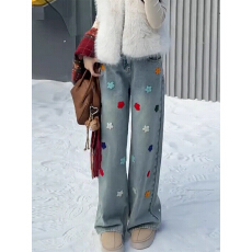 批发复古水洗立体花朵直筒<b class='q'>牛仔裤</b>女2025秋冬新款高腰显瘦加绒阔腿裤子