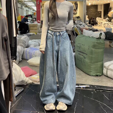 批发星空蓝设计感烫钻加绒直筒牛仔<b class='q'>裤</b>女2025秋冬新款高腰显瘦阔腿<b class='q'>裤</b>子