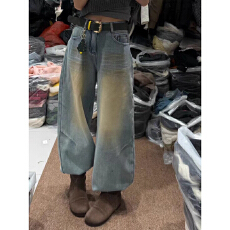 批发欧货jeans正版高腰显瘦复合绒水洗加厚弯刀牛仔<b class='q'>裤</b><b class='q'>宽松</b>显瘦阔腿<b class='q'>裤</b>