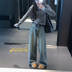 批发素心兰/YOUMO 轻奢烫钻<b class='q'>装</b>饰阔腿长<b class='q'>裤</b>加厚加绒保暖时尚牛仔<b class='q'>裤</b>女潮