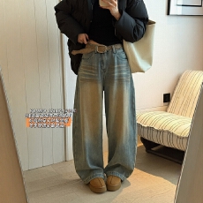 批发素心兰/YOUMO 2025新款美式复古扎染工艺加绒弯刀阔腿<b class='q'>裤</b><b class='q'>牛仔裤</b>女