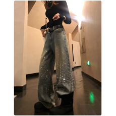 批发李婉君爆闪<b class='q'>阔腿裤</b>女四季显瘦百搭亮片烫钻爆闪拖地牛仔长<b class='q'>裤</b>