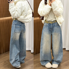 拖地工装加绒窄版牛仔裤女欧洲站2025冬装新款欧货女装阔腿裤子潮