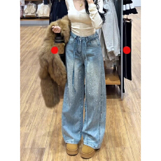 批发满天星烫钻设计感加绒阔腿<b class='q'>牛仔裤</b><b class='q'>女</b>2025年冬季新款宽松<b class='q'>直筒</b>拖地裤