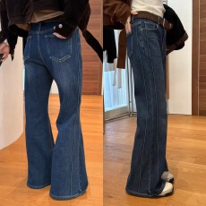 批发<b class='q'>欧洲站</b>2025冬季高腰加厚侧边拼缝复古微喇<b class='q'>牛仔裤</b>拖地长裤深蓝色女