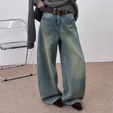 批发欧洲站2025冬季欧货复古高腰阔腿<b class='q'>牛仔裤</b>女加绒宽松弯刀裤显瘦长裤