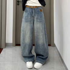 批发实拍~~浅蓝色加绒牛仔阔腿裤女冬季2025新款<b class='q'>时尚</b>高腰直筒休闲长裤