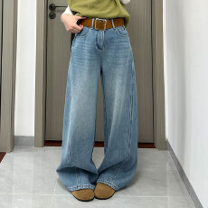 实拍~~复合绒高腰阔腿牛仔裤女2025冬季新款宽松休闲显瘦弯刀裤