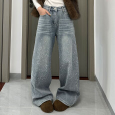 批发实拍~~烫钻亮闪闪加绒牛仔裤女25冬季韩版<b class='q'>时尚</b>重工高级感阔腿长裤