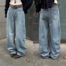 批发<b class='q'>欧洲站</b>2025冬季<b class='q'>新款</b>高腰咖色腰带阔腿侧压线水洗浅色加绒牛仔裤潮