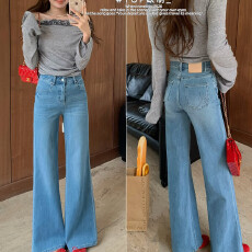 批发TOP 欧制-刺绣后袋塑形<b class='q'>提</b><b class='q'>臀</b>超模大长腿不贴腿微喇牛仔<b class='q'>裤</b>61671浅兰