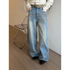 批发<b class='q'>欧洲站</b>2025秋冬新欧货高腰显瘦水洗复古蓝加绒牛仔阔腿裤休闲裤女