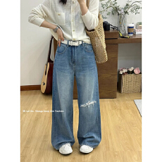 批发<b class='q'>欧洲站</b>2026春装新款时尚破洞牛仔直筒裤女韩版高腰洋气显瘦拖地裤