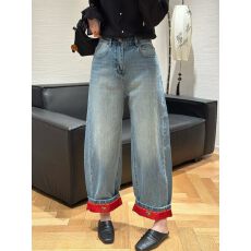 批发可可<b class='q'>欧洲站</b>26早春新款裤脚卷边撞色刺绣小马牛仔阔腿裤