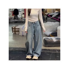 批发星河蓝加绒烫钻窄版阔腿牛仔裤女2025<b class='q'>冬</b>季新款抽绳设计弯刀拖地裤