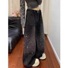 批发复古水洗镶钻牛仔裤女2025<b class='q'>冬</b>季新款加绒高腰直筒宽松显瘦拖地长裤