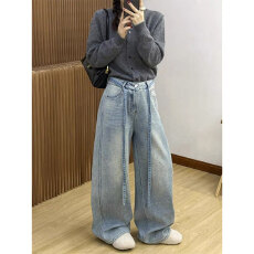 批发浅蓝色满天星带钻阔腿牛仔裤女<b class='q'>冬</b>季加绒加厚高腰宽松直筒拖地长裤