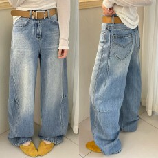 批发<b class='q'>欧洲站</b>2026早春高腰配腰带浅蓝色阔腿<b class='q'>牛仔裤</b>女侧后压线宽松弯刀裤