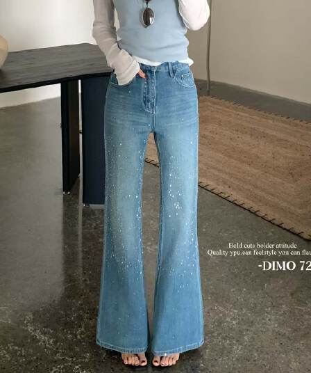 dimo7286 사면 신축 프랑스식 무거운 작업 핫픽스 부츠컷 바지 여성 2026 봄 레트로 별빛 수퍼 모델 청바지
