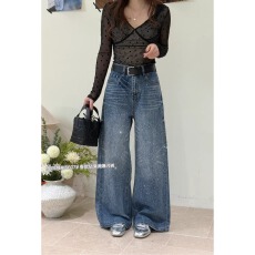 批发5607春季新款<b class='q'>韩版</b>气质百搭高腰显瘦重工爆闪烫钻阔腿<b class='q'>裤</b><b class='q'>休闲</b>牛仔<b class='q'>裤</b>