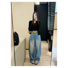 批发欧货92368美式复古弯刀<b class='q'>裤</b>女2026早春新款高腰显瘦<b class='q'>百搭</b>阔腿牛仔<b class='q'>裤</b>