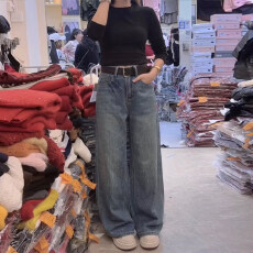 批发洋气复古烫钻阔腿牛仔<b class='q'>裤</b>女2026春季欧货高腰宽松休闲<b class='q'>百搭</b>拖地长<b class='q'>裤</b>