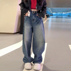 批发欧货满天星烫钻弯刀牛仔<b class='q'>裤</b>女2026春季设计感高腰宽松<b class='q'>百搭</b>拖地长<b class='q'>裤</b>